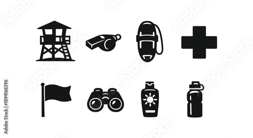 Beach safety icons: lifeguard, first aid, whistle, surfboard, flag, binoculars, sunscreen, water bottle