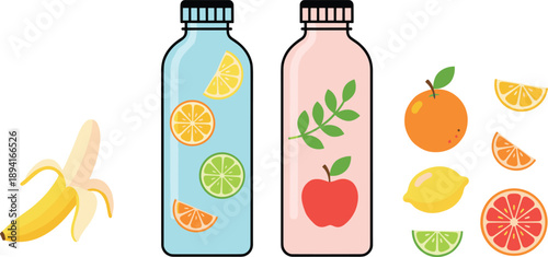 Hand Drawn Fruit Juice Bottles with Citrus Slices Banana Apple and Orange in Cute Flat Cartoon Style