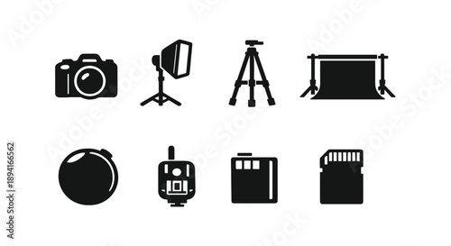 Photography equipment icons: camera, tripod, light, backdrop, lens, remote, film, sd card