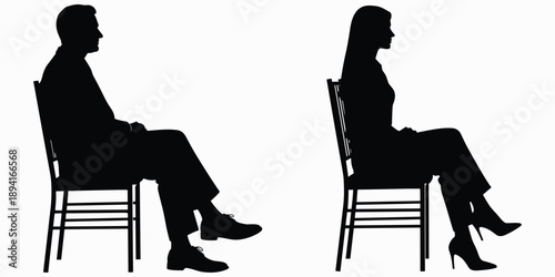 Silhouettes of a Man and Woman Sitting on Chairs Facing Sideways on White Background people