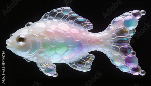 A vector-based stylized illustration of a fantastic fish made up of colorful soap bubbles on a black background.