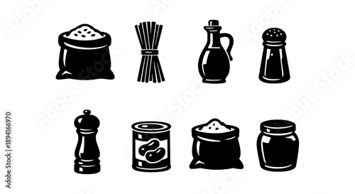 Monochrome kitchen ingredients: pasta, oil, pepper, salt, beans, flour, jam containers