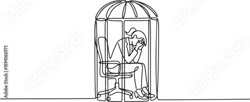 Single one line drawing businesswoman trapped in cage sitting on office chair holding head. Being in routine trap. Tired and irritated with the daily grind. one line Icon drawing