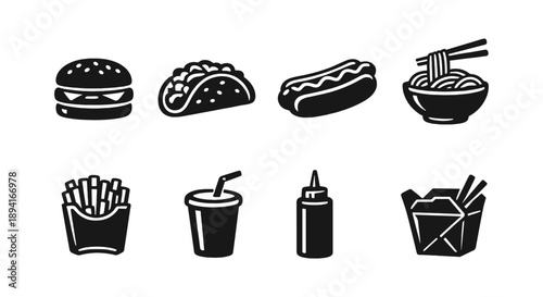 Monochrome fast food icons: burger, taco, hot dog, noodles, fries, drink, sauce, takeout