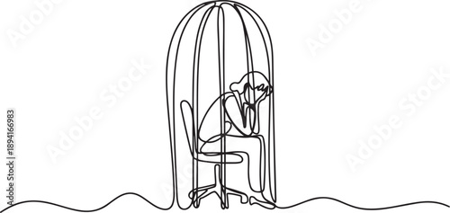 Single one line drawing businesswoman trapped in cage sitting on office chair holding head. Being in routine trap. Tired and irritated with the daily grind. one line Icon drawing