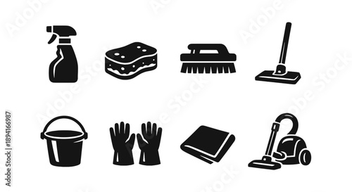 Cleaning tools icons: spray bottle, sponge, brush, mop, bucket, gloves, cloth, vacuum