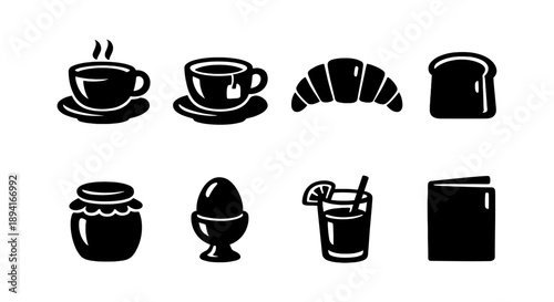 Breakfast icons: coffee, tea, croissant, toast, jam, egg, juice, menu