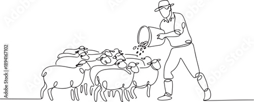 Single one line drawing male energetic farmer is feeding from a bucket to a crowd of sheep. Very obedient livestock. Persistent. National Farm Animals Day. one line Icon drawing