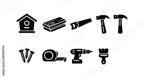 Black silhouette icons of woodworking tools and birdhouse designs