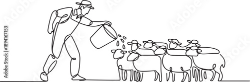 Single one line drawing male energetic farmer is feeding from a bucket to a crowd of sheep. Very obedient livestock. Persistent. National Farm Animals Day. one line Icon drawing
