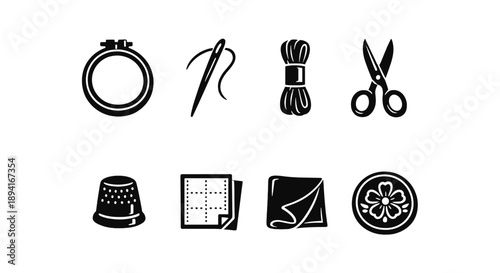 Sewing tools icons: embroidery hoop, needle, thread, scissors, thimble, fabric, button