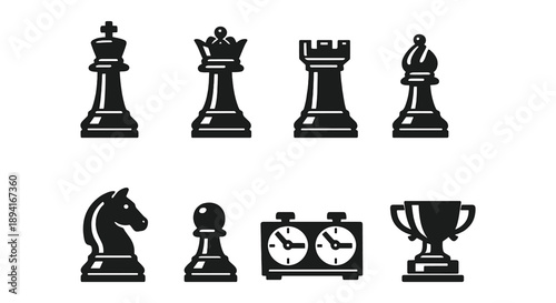 Chess pieces set with timer and trophy icons on white background