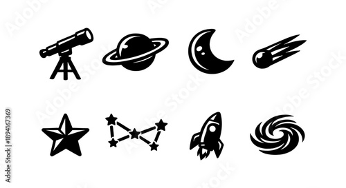 Space icons set: telescope, planet, moon, comet, star, constellation, rocket, galaxy