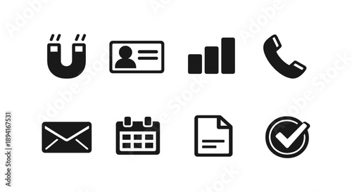 Set of business icons including magnet, id, graph, phone, mail, calendar, document, checkmark