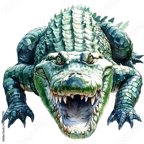 Nile Crocodile, lively watercolor vector drawing with intricate brush, isolated on a white background.