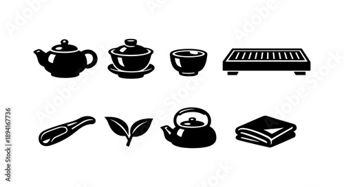 Silhouette icons of traditional asian tea set and accessories