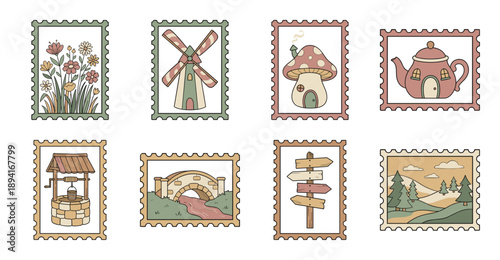 Retro Cottagecore Pastoral Landscape Postage Stamp Collection for Scrapbooking and Stationery Design