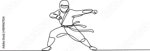 One continuous line drawing of young brave Japanese ninja character on black costume with attacking position. Martial art fighting concept. one line Icon drawing
