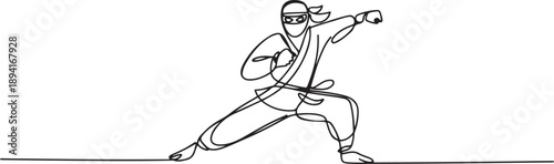 One continuous line drawing of young brave Japanese ninja character on black costume with attacking position. Martial art fighting concept. one line Icon drawing