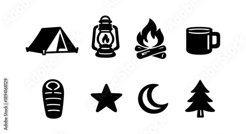 Camping icons: tent, lantern, campfire, mug, sleeping bag, star, moon, tree