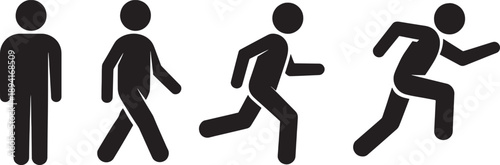 Four stick figures walking and running in different dynamic poses