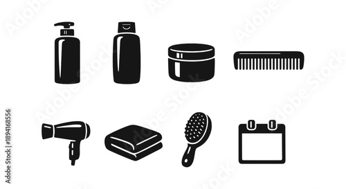 Collection of hair care tools and products icons