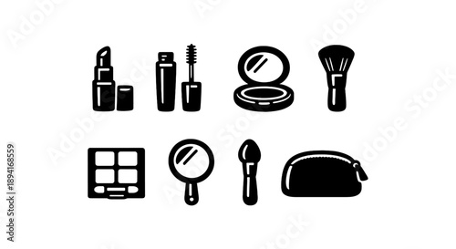 Black and white makeup icon set: lipstick, mascara, brush, compact, eye shadow, mirror, pouch