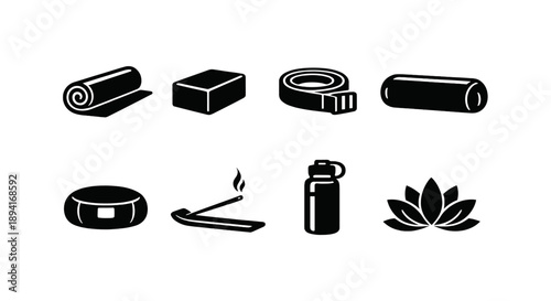 Yoga and meditation accessories icons: mat, block, strap, bolster, cushion, incense, lighter, lotus
