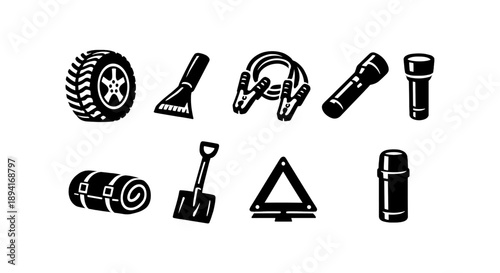 Essential car emergency tools: tire, cable, flashlight, shovel, flask