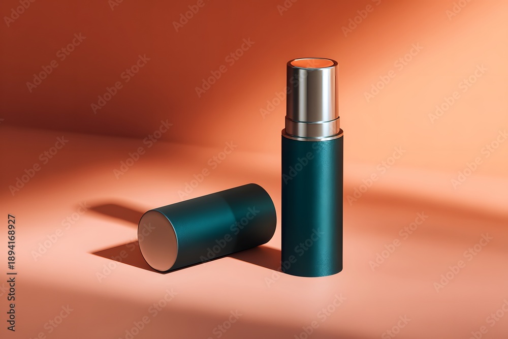 Obraz premium A teal-colored cylindrical makeup container with a silver cap stands upright on a peach-colored surface next to its matching lid.
