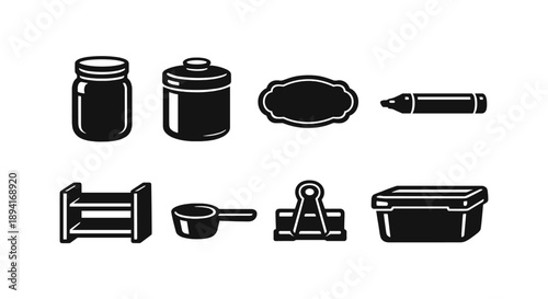 Black and white kitchen storage icons: jars, containers, and more