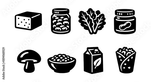 Variety of vegan food icons: tofu, beans, spinach, peanut butter, mushroom, rice, plant milk, wrap