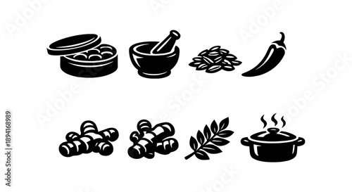 Herbal ingredients and cooking elements icons set: spice, herb, mortar, pestle, chilli, ginger