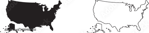 United States of America map outline and solid black silhouette on white background