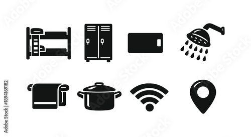 Essential hostel amenities symbols: bunk bed, locker, shower, wifi, location