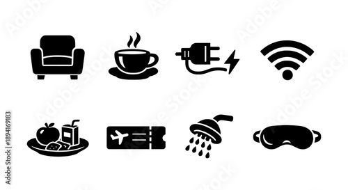 Set of eight black icons for chair, coffee, plug, wi-fi, meal, ticket, shower, and eye mask