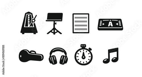 Black music icons: metronome, stand, sheet, keyboard, case, headphones, stopwatch, note