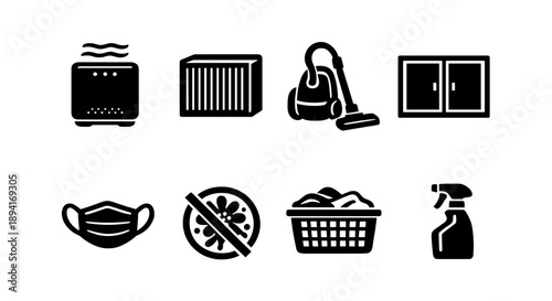 Household cleaning and air purification icons: vacuum, air filter, mask, virus prevention