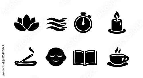 Wellness and relaxation icons set with lotus, aroma, time, candle, incense, face, book, and tea