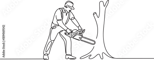 Continuous one line drawing worker using the chainsaw. Wearing suspender shirt, jeans and boots. Professional lumberjack pose cutting tree by chainsaw. one line Icon drawing