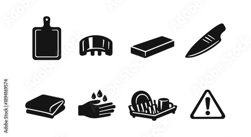 Kitchen utensil and safety icons: cutting board, knife, dish rack, and more