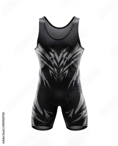 Symmetric Tribal Style Grey Graphic Wrestling Singlet Mockup on Black Fabric, Sportswear Apparel Template for Wrestling Gear and Team Branding