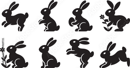 This collection showcases several charming black silhouette illustrations of Easter bunnies in different poses and actions