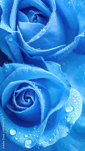 Two vibrant blue roses covered in sparkling dew drops in a close-up shot.