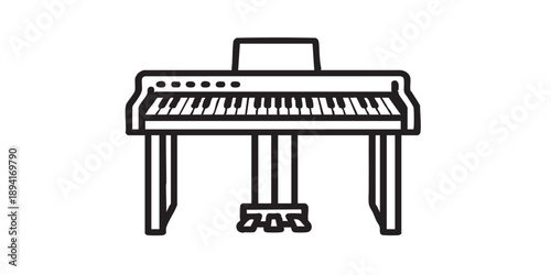 Digital piano vector icon, black and white design, minimal outline style, simple musical instrument symbol, isolated on transparent background