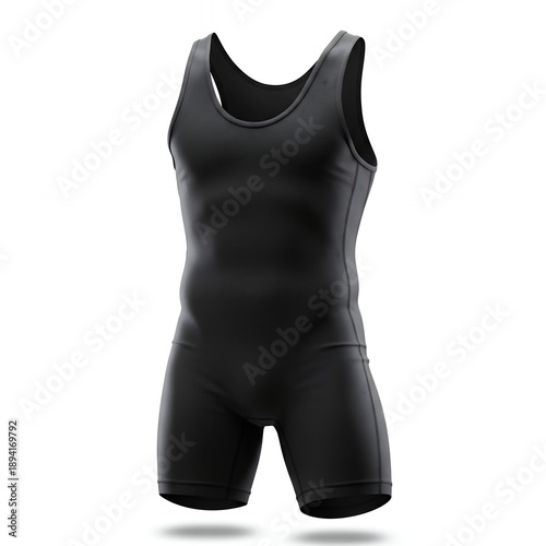 Men's Professional Black Wrestling Singlet Mockup with Realistic Fabric Texture, Three-Quarter View of One-Piece Athletic Suit for Weightlifting and Grappling Competitions