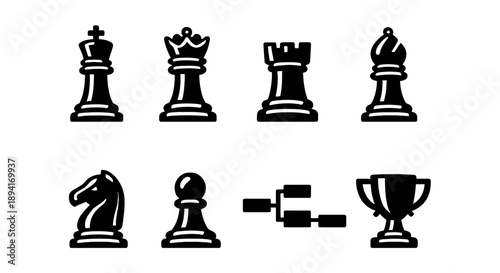 Black chess pieces and tournament icons: king, queen, rook, bishop, knight, pawn, trophy, bracket