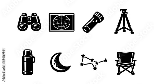Astronomy gear icons: binoculars, telescope, star map, tripod, thermos, moon, constellation, chair