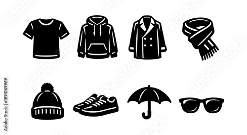 Essential clothing and accessories icons: t-shirt, hoodie, coat, scarf, hat, sneakers, umbrella, sunglasses