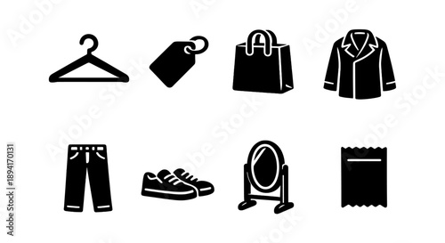 Clothing icons: hanger, tag, bag, coat, pants, shoes, mirror, wrapping